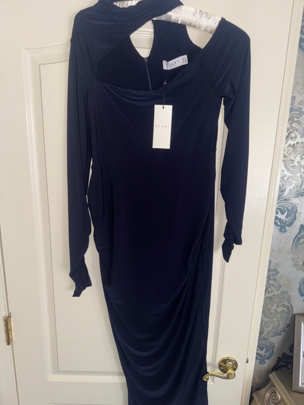 Club L London Navy Long Sleeve Draped Midi Dress